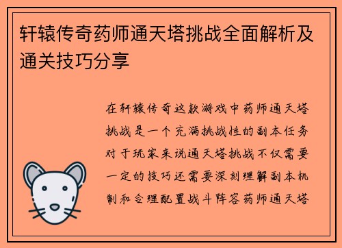 轩辕传奇药师通天塔挑战全面解析及通关技巧分享